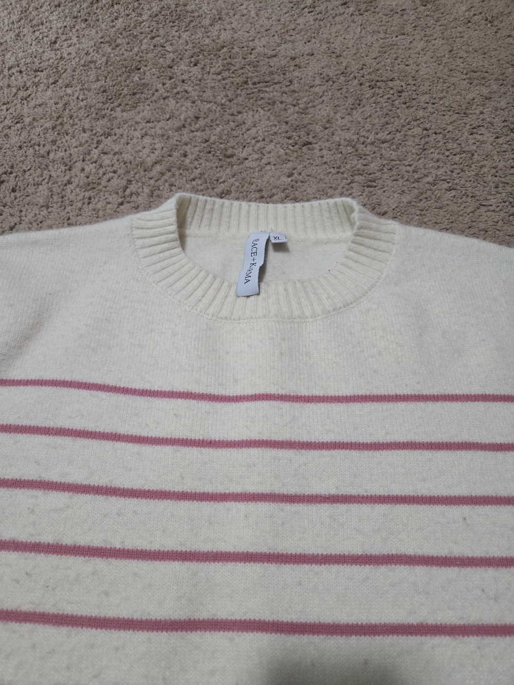 Cream Sweater with Pink Stripes